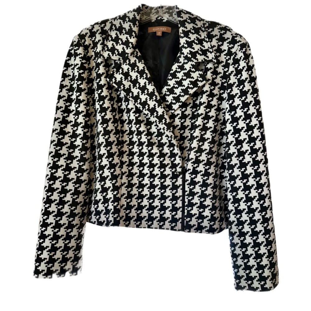 Ellen Tracy Black & White Houndstooth Crop Blazer w/Open Collar & Short Zipper